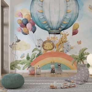 Cute Animals in Rainbow and Balloon Wallpaper