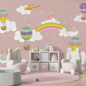 Colorful Hot Air Balloons on Pink Background Wallpaper