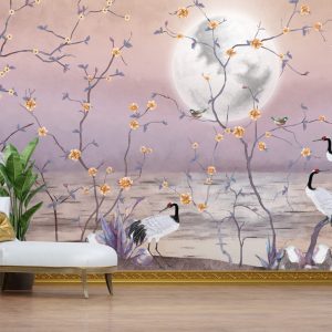 Crane Bird in Moonlight Wallpaper