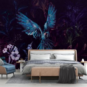 Flowers and Parrot in Dark Tones Wallpaper