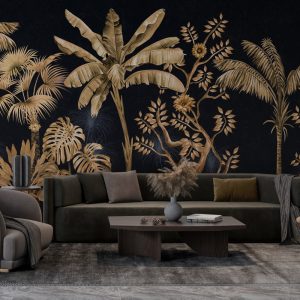 Gold Tropical Leaves on Black Background Wallpaper