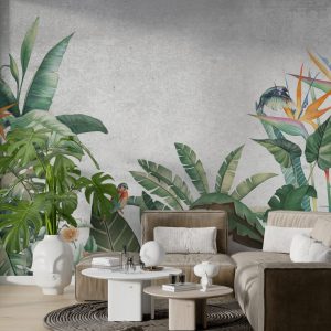 Tropical Leaves and Birds Wallpaper