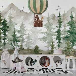 Watercolor Effect Animals in Balloons in the Forest Wallpaper