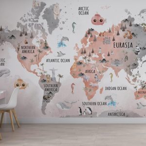 Hot and Cold Animal-Themed Children's Map Wallpaper