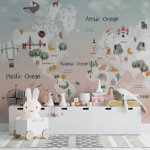 Sky Patterned Children's Map with Animals Wallpaper