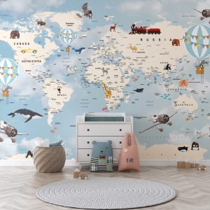 Explorers Traveling the World in Blue Tones Children's Map Wallpaper
