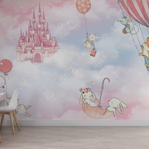 Animals in Hot Air Balloons and Castle Wallpaper