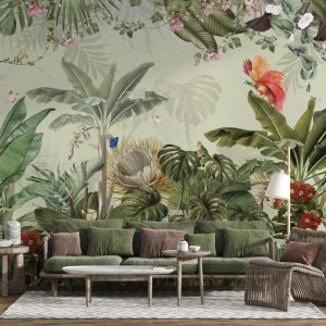 Colorful Birds and Flowers in Tropical Forest Wallpaper
