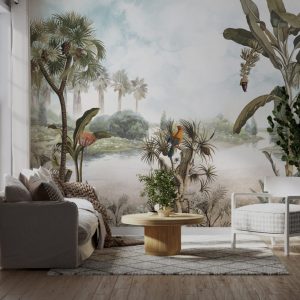 Palm Banana Trees and Birds by the Lake Wallpaper