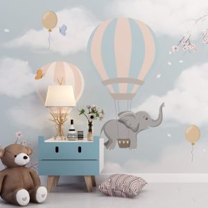Elephant Flying with Balloons Blue Clouds Wallpaper