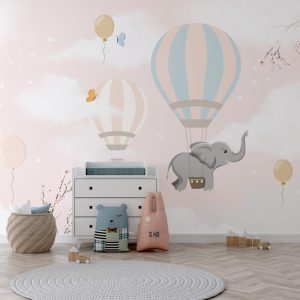 Elephant Flying with Balloons Pink Clouds Wallpaper