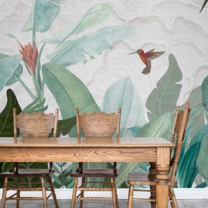 Birds and Large Tropical Leaves Wallpaper