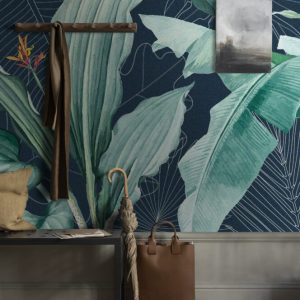 Large Tropical Leaves and Red Flowers Wallpaper