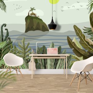 Island in the Ocean Visible from the Tropical Forest Wallpaper