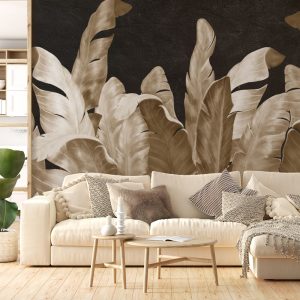 Gold Color Large Tropical Leaves Wallpaper