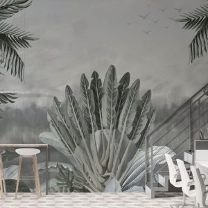 Pale Large Tropical Leaves and Palm Trees Wallpaper