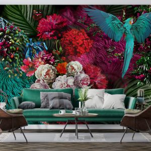 Parrot and Colourful Flower Patterned 3D Wallpaper