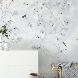 White Background Birds on Tree Branches 3D Wallpaper