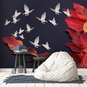 Red Leaves and Birds 3D Wallpaper