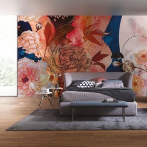 Blue and Red Rose Patterned 3D Wallpaper