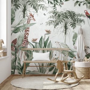 Tropical Giraffe Kids Room Wallpaper