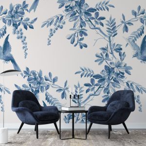 Leaves and Birds in Blue Tones Wallpaper