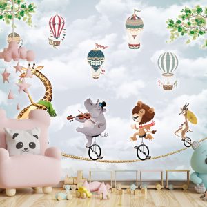 Musician Animals on a Rope and Flying Balloons Wallpaper