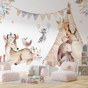 Animals and Flowers Taking Shelter in a Tent Wallpaper