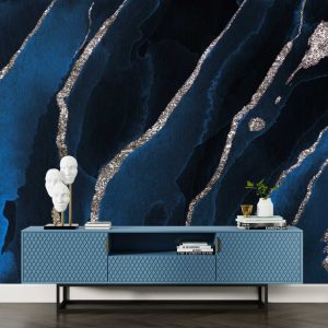 Marble Wallpaper with Silver Details in Blue Tones