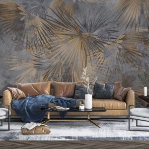 Palm Leaves on a Blue Wall Wallpaper