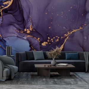 Gold-leafed Blue and Purple Ebru Art Wallpaper