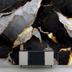 Gold Veined Black and White Marble Pattern Wallpaper