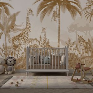 Giraffe and Monkey in a Tropical Forest in Sepia Tones Wallpaper