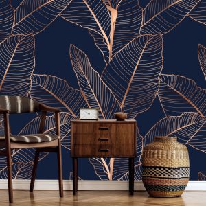 Navy Blue Background with Bronze Leaves Wallpaper