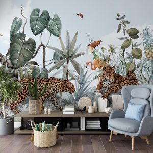 Leopards and Tropical Leaves Wallpaper