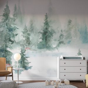 Watercolour Foggy Pine Forest Wallpaper