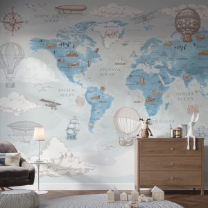 Light Blue Animals and Balloons World Map Wallpaper