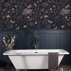 Navy Blue Flowers and Butterflies Wallpaper