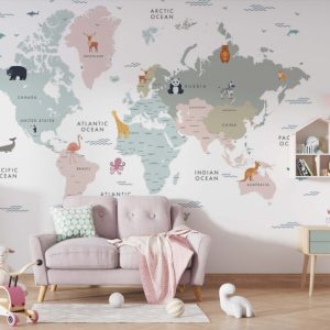 Soft Colored Children's Room World Map 3D Wallpaper