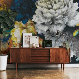 Large Black Background Colorful Rose Pattern Wallpaper