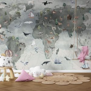 Children's World Map Wallpaper with Animals and Compass