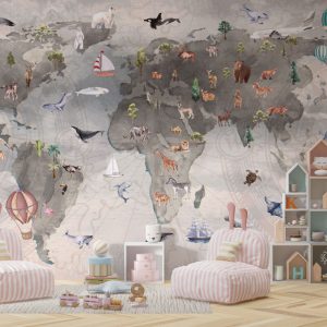 Children's World Map Wallpaper with Animals and Compass