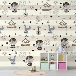 Circus Animals Striped Wallpaper