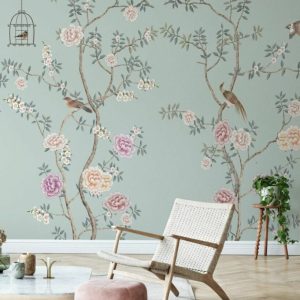 Birds on a Branch Green Shade 3D Wallpaper